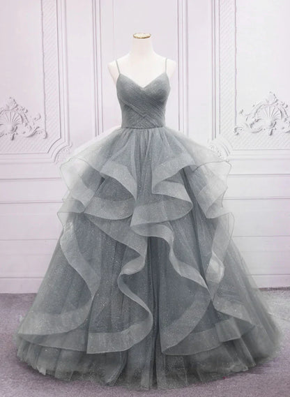 Light Grey Tulle Ball Gown Long V-neckline Formal Dress, Grey Wedding Party Dress HZ1024