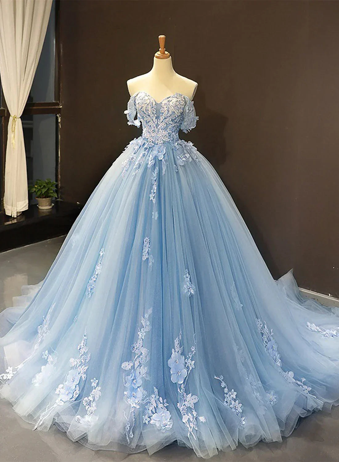 Blue Sweetheart Ball Gown Flowers Sweet 16 Dress, Blue Off Shoulder Wedding Party Dress HZ1024