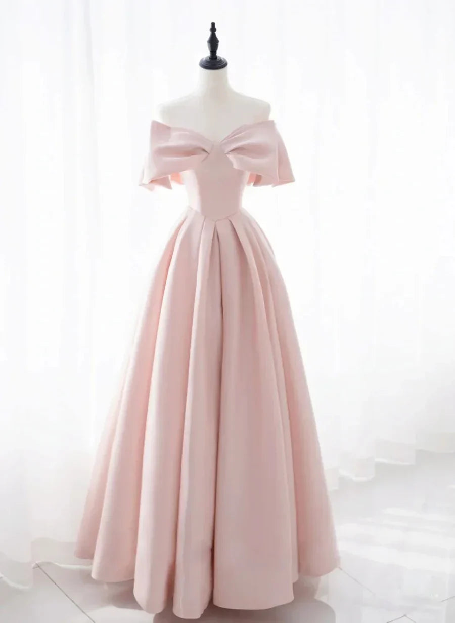 Pink Satin Sweetheart with Bow Party Dress, Pink Long Prom Dress HZ1024