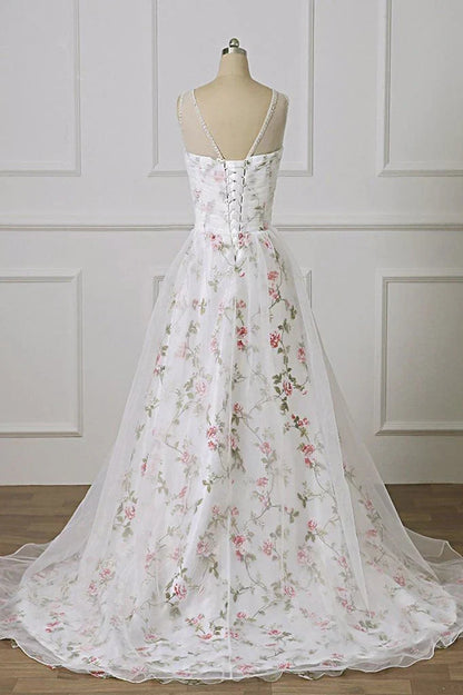 White Tulle Sweetheart Straps Floral Long Party Dress, White Evening Dress Prom Dress HZ1024