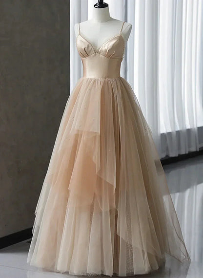 Champagne V-neckline Beaded Tulle Prom Dress, A-line Low Back Party Dress HZ1024