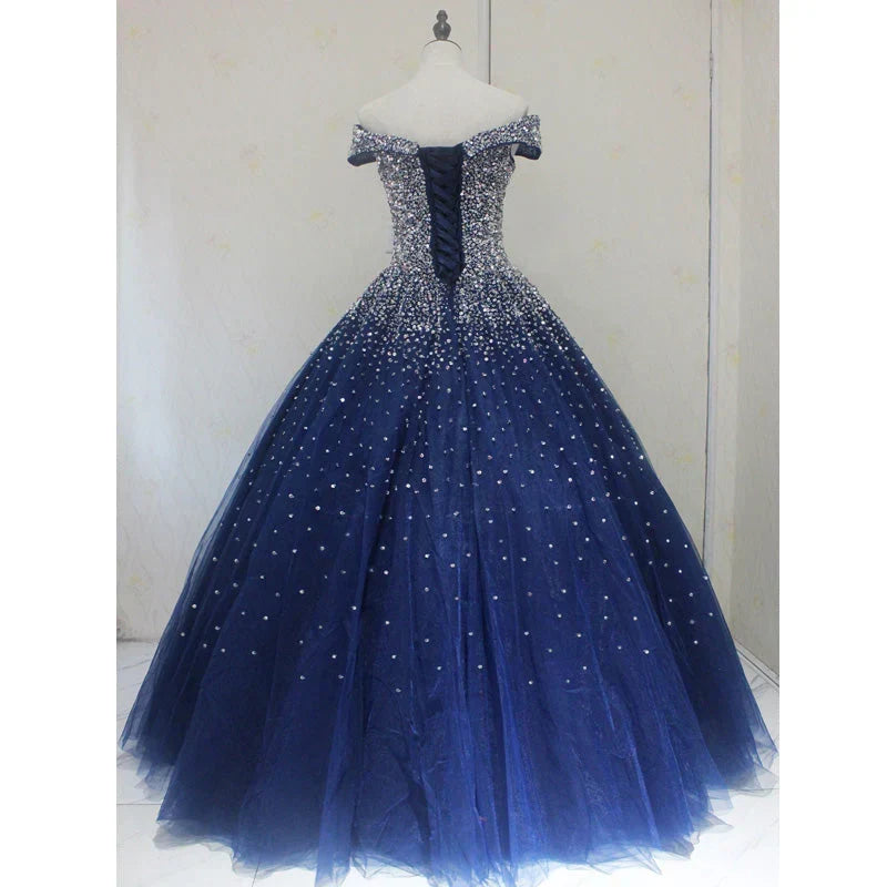 Blue Sequins Sweetheart Ball Gown Sweet 16 Gown, Blue Tulle Party Dress HZ1024
