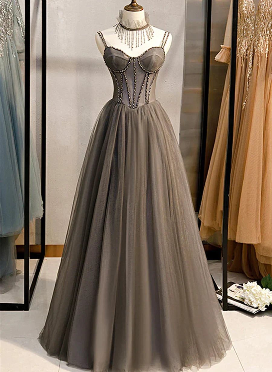 Grey Beaded Sweetheart Tulle Floor Length Party Dress, Grey Long Prom Dress HZ1024