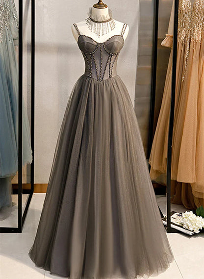 Grey Beaded Sweetheart Tulle Floor Length Party Dress, Grey Long Prom Dress HZ1024