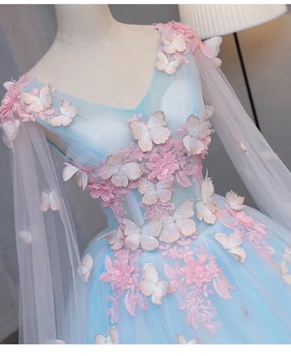 Cute Blue Fairy Butterfly Lace Ball Gown Prom Dress, Sweet 16 Party Dress HZ1024
