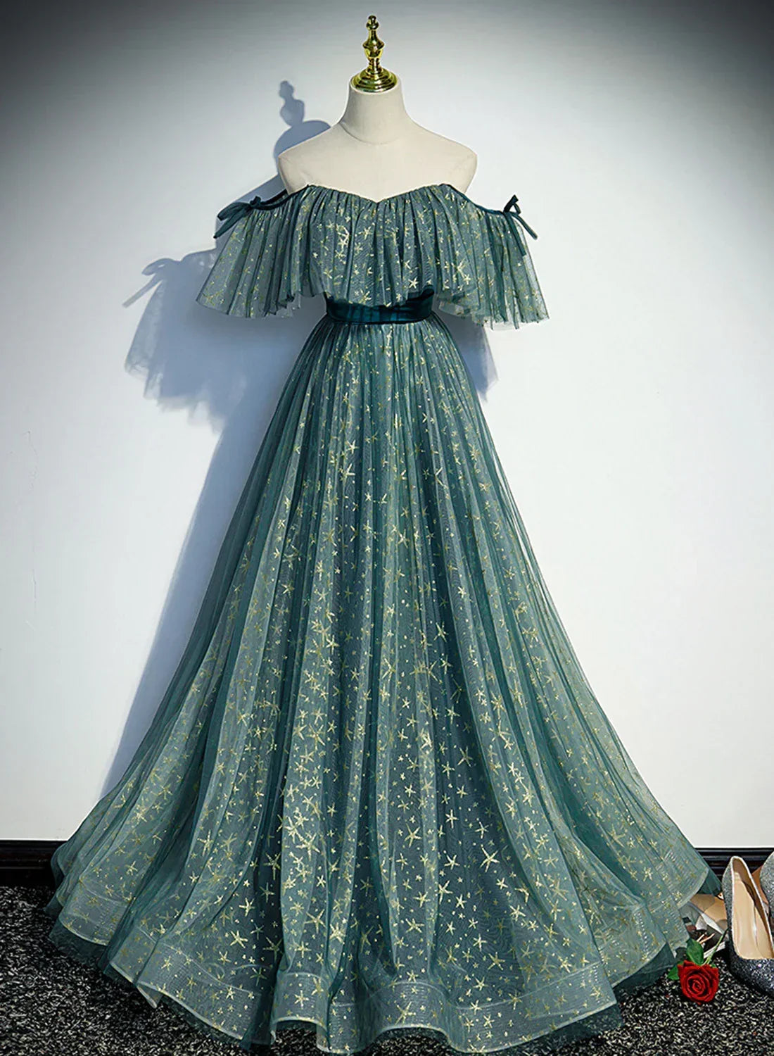 Green Off Shoulder A-line Tulle Long Formal Dress, Green Party Dress Prom Dress HZ1024