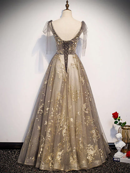 Champagne V-neckline Tulle Long Party Dress, A-line Straps Prom Dress HZ1024