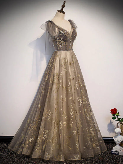 Champagne V-neckline Tulle Long Party Dress, A-line Straps Prom Dress HZ1024