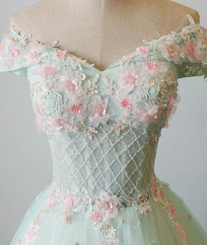 Light Green Flowers Beaded Off Shoulder Party Dress, Green Evening Prom Dress HZ1024