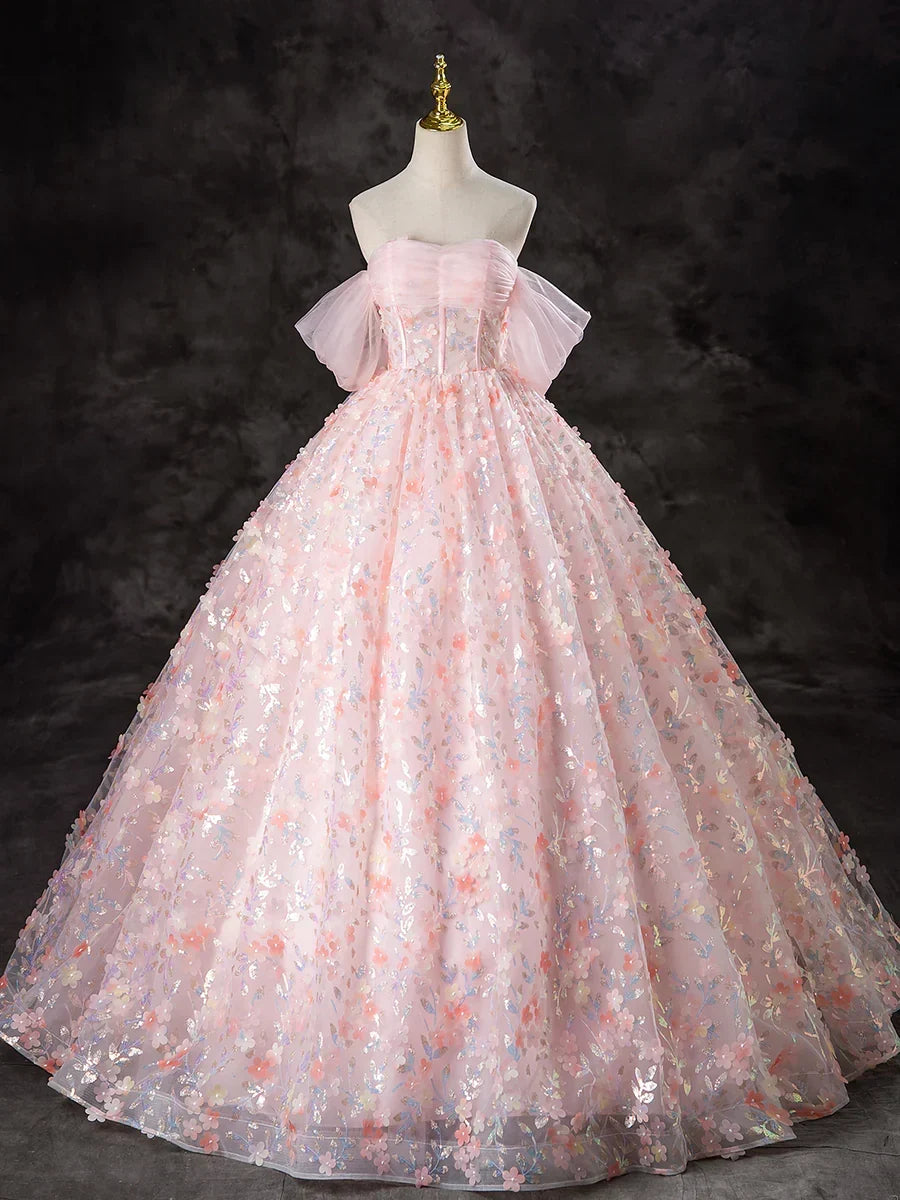 A-Line Pink Tulle Flowers Long Prom Dress, Beautiful Off the Shoulder Evening Party Dress HZ1024
