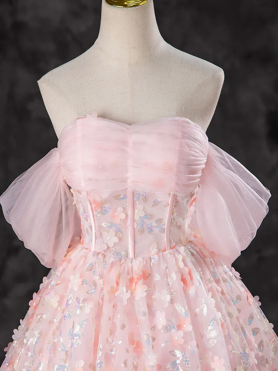 A-Line Pink Tulle Flowers Long Prom Dress, Beautiful Off the Shoulder Evening Party Dress HZ1024