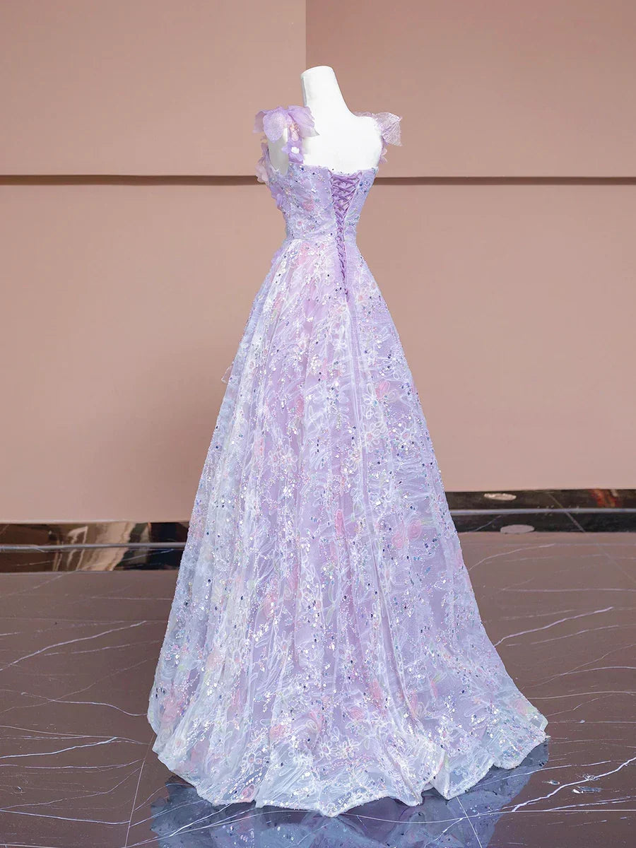 A-Line Purple Tulle Flowers Long Prom Dress, Beautiful Evening Party Dress HZ1024