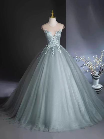 A-Line Scoop Neckline Tulle Floor Length Formal Dress with Lace, Elegant Evening Party Dress HZ1024