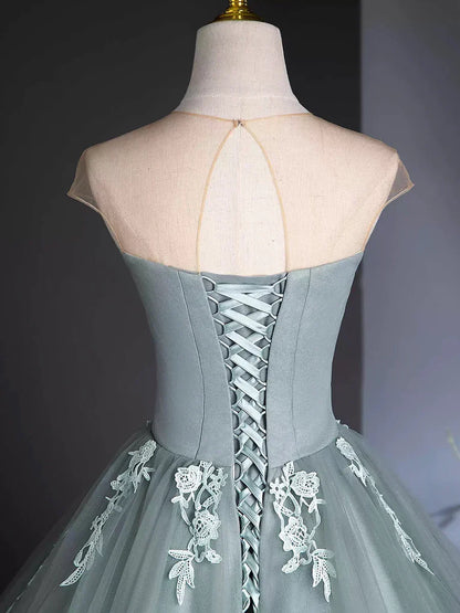 A-Line Scoop Neckline Tulle Floor Length Formal Dress with Lace, Elegant Evening Party Dress HZ1024