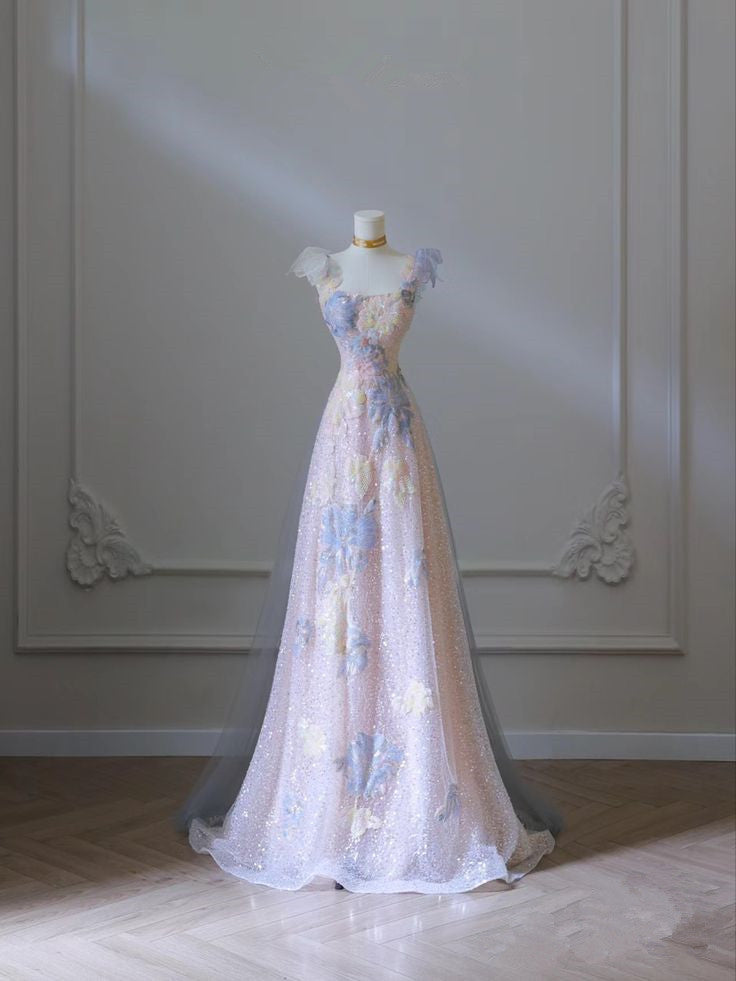 Pink Floral A-Line Strap Tulle Long Evening Dress HZ1024