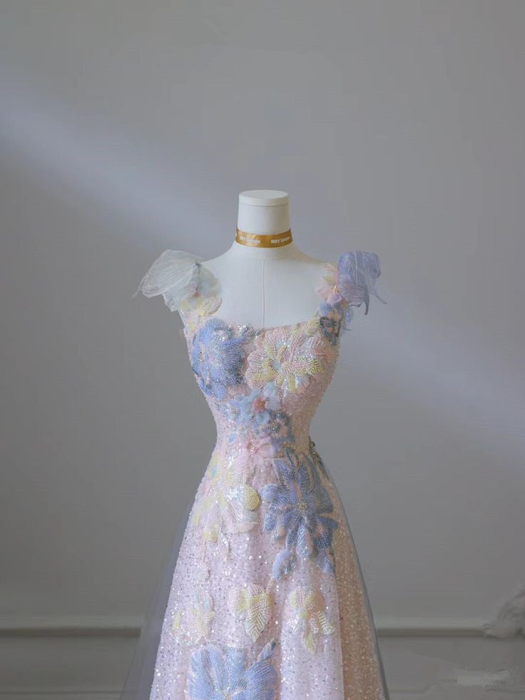 Pink Floral A-Line Strap Tulle Long Evening Dress HZ1024