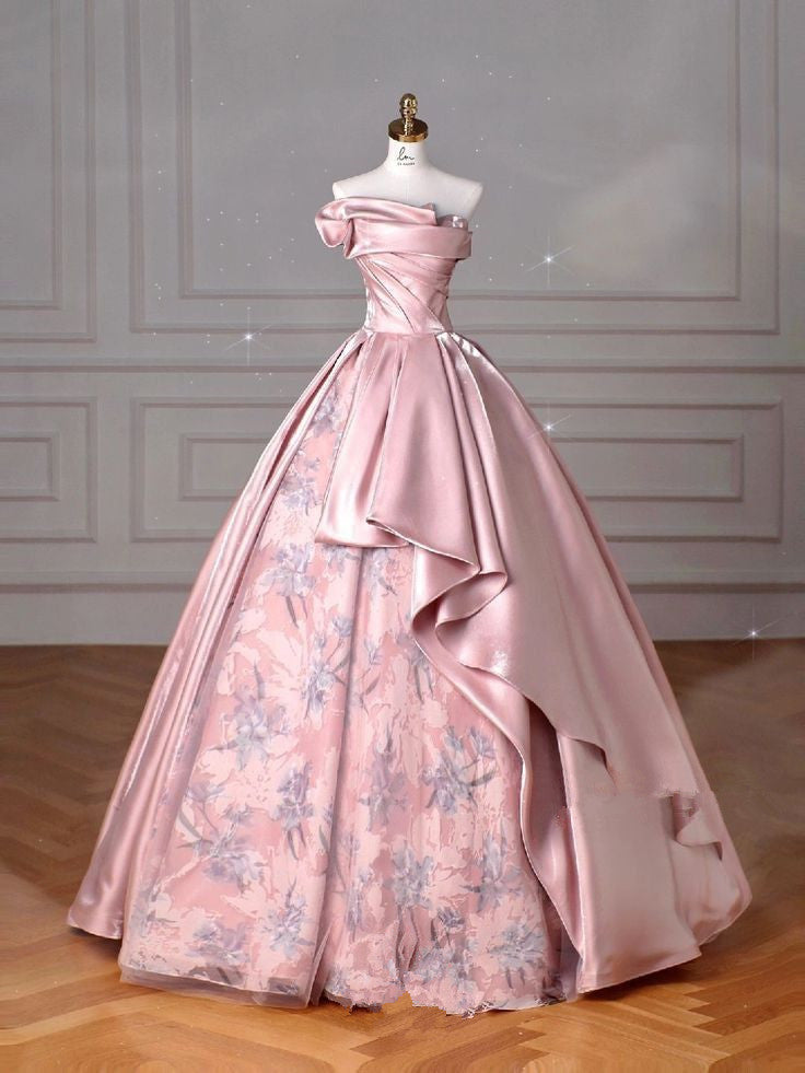 Pink A-Line Satin Strapless Floral Evening Gowns HZ1024