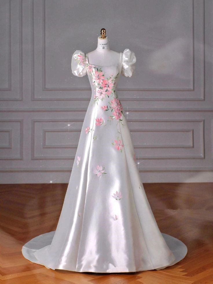 Elegant A-Line Floral Square-neck Short Sleeve Satin Floor-length Prom Dress Evening Dresses HZ1024