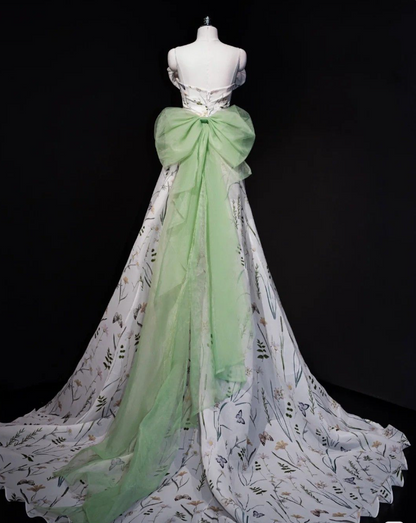 White A-Line Floral Strapless Strapless Bowknot Floor Length Prom Dresses HZ1024