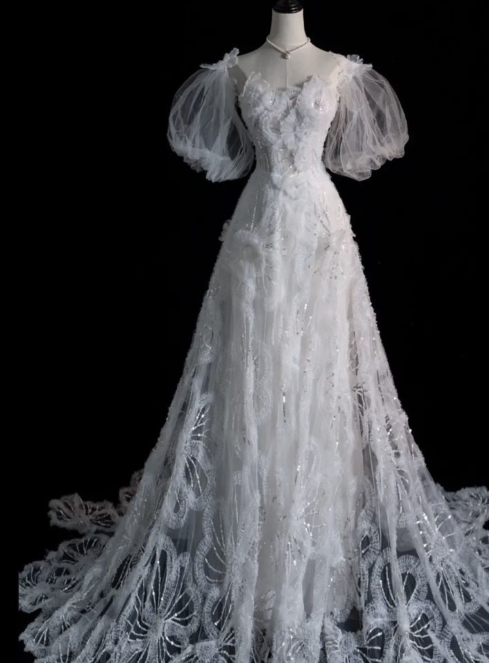 White A-Line Short Sleeve Floral Tulle Long Floor Length Prom Dresses HZ1024
