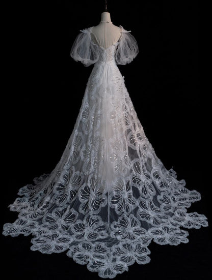 White A-Line Short Sleeve Floral Tulle Long Floor Length Prom Dresses HZ1024