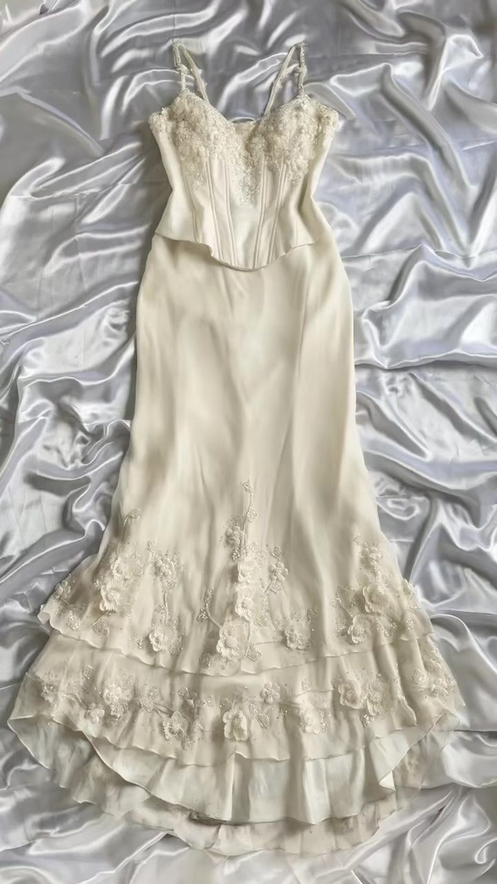 Ivory White Mermaid Spaghetti Strap 3D Stereo Floral Lace Silk Face Ball Gown Evening Dress HZ1024