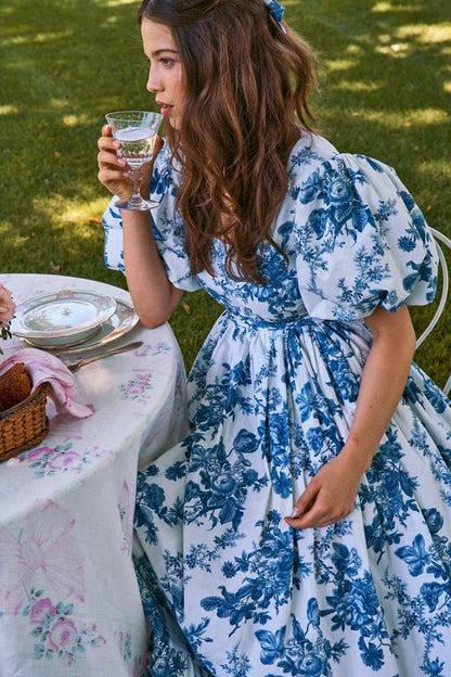 Blue A-line floral puff sleeves short-sleeved floor-length dress HZ1024