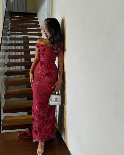 Elegant Burgundy Mermaid Off Shoulder 3D Floral Floor-Mounting Ball Gown Evening Dress HZ1024