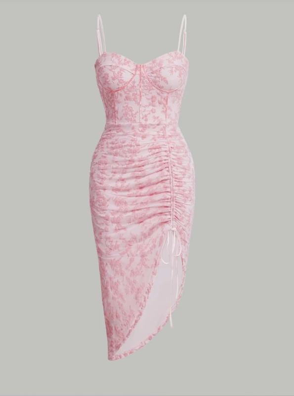 Charming Pink Strap Slit Floral Dress Homecoming Gown HZ1024
