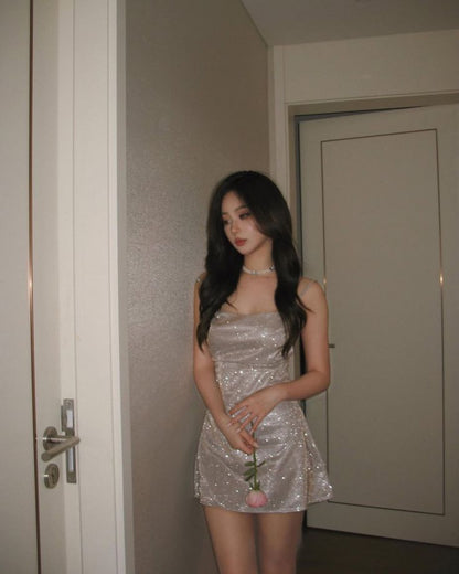 Sexy Champagne Mermaid Spaghetti Straps Sparkling Slit Mini Party Dress Homecoming Dress HZ1024