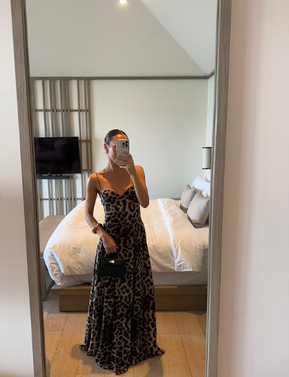 Sexy Flowy Leopard Print Spaghetti Strap Floor Length Party Dress Evening Gown HZ1024