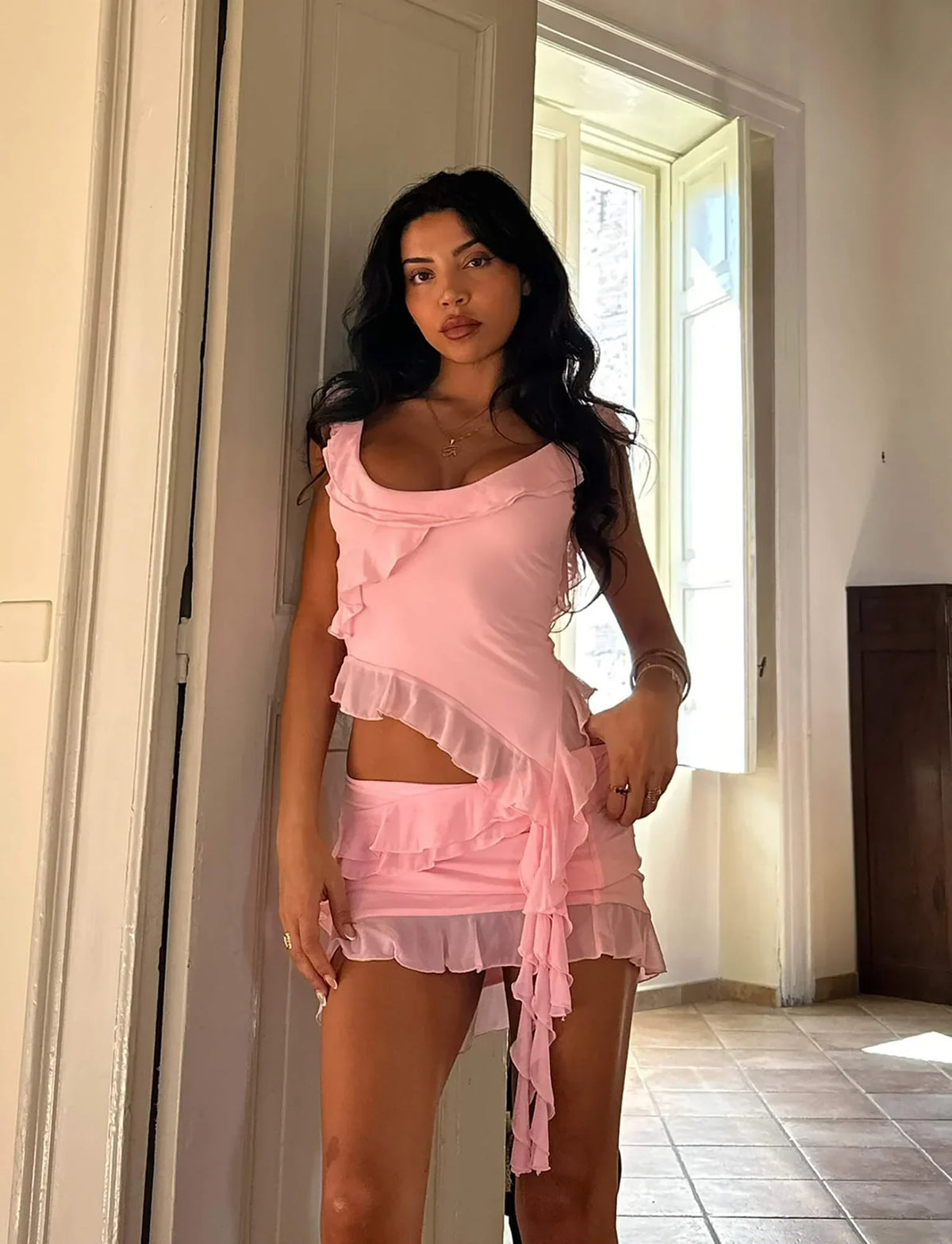 Sexy Pink Two Piece Low Cut Chiffon Ruffle Party Dress Homecoming Dress HZ1024
