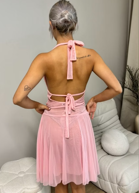 Charming Pink A-line Halter Neck Tulle Short Party Dress Prom Gown HZ1024