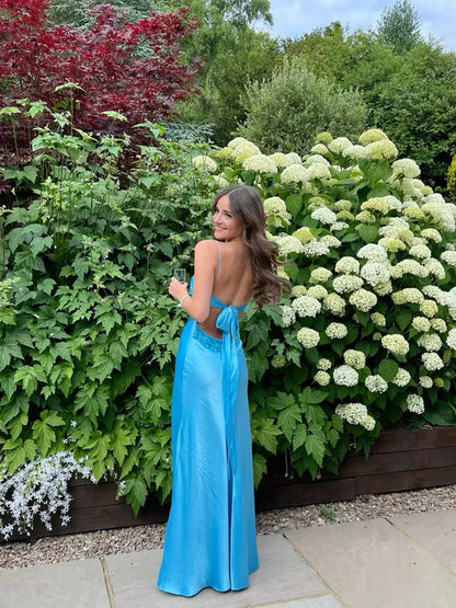 Blue Long Straps Sweetheart Party Dress Formal Dress, Blue Satin Evening Dress HZ1024