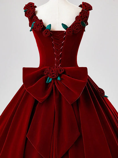 Burgundy Velvet Long Prom Dress with Flower, Beautiful A-Line Formal Party Dress HZ1024