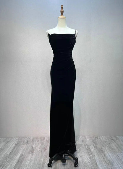Black Mermaid Velvet Long Party Dress, Black Straps Prom Dress Formal Dress HZ1024