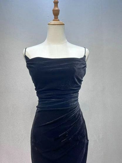 Black Mermaid Velvet Long Party Dress, Black Straps Prom Dress Formal Dress HZ1024