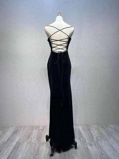 Black Mermaid Velvet Long Party Dress, Black Straps Prom Dress Formal Dress HZ1024