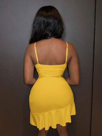 Simple Yellow Mermaid Strap V Neck Ruffle Mini Party Dress Homecoming Dress HZ1024