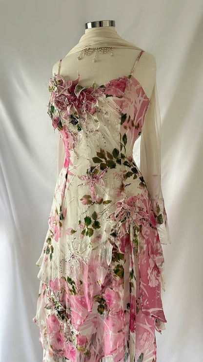 Sexy Pink A-line Printed Strap Chiffon Short Prom Gown Party Dress HZ1024
