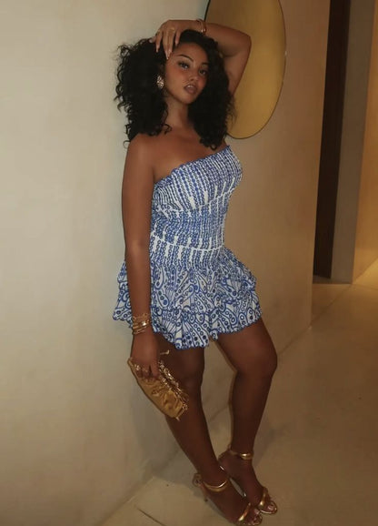 Chic Blue Off Shoulder Sleeveless Mini Birthday Party Dress Homecoming Dress HZ1024