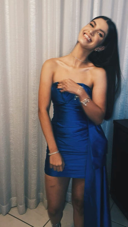 Simple Blue Strapless Satin Bodycon Mermaid Short Ball Gown Evening Dress HZ1024