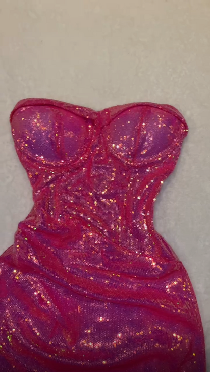 Shiny Bright Pink Strapless Sweetheart Neck Sequin Mermaid Short Ball Gown Evening Dress HZ1024