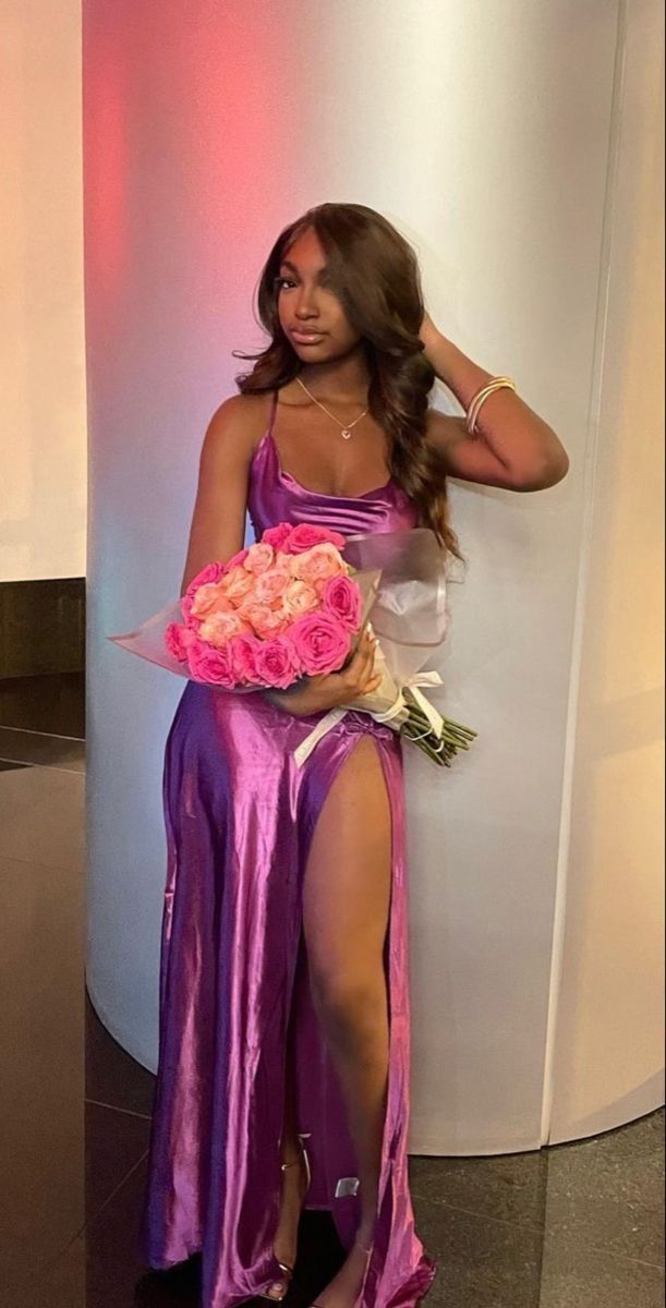 Charming Purple Satin Strap Slit Long Ball Gown Evening Dress HZ1024