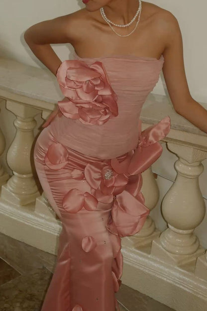 Elegant Pink Strapless Tulle 3D Flower Beaded Satin Mermaid Ball Gown Evening Dress HZ1024