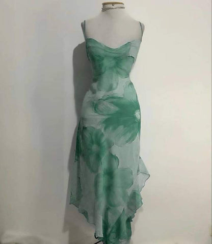 Elegant Printed Strap Chiffon Tea Long Ball Gown Evening Gown HZ1024