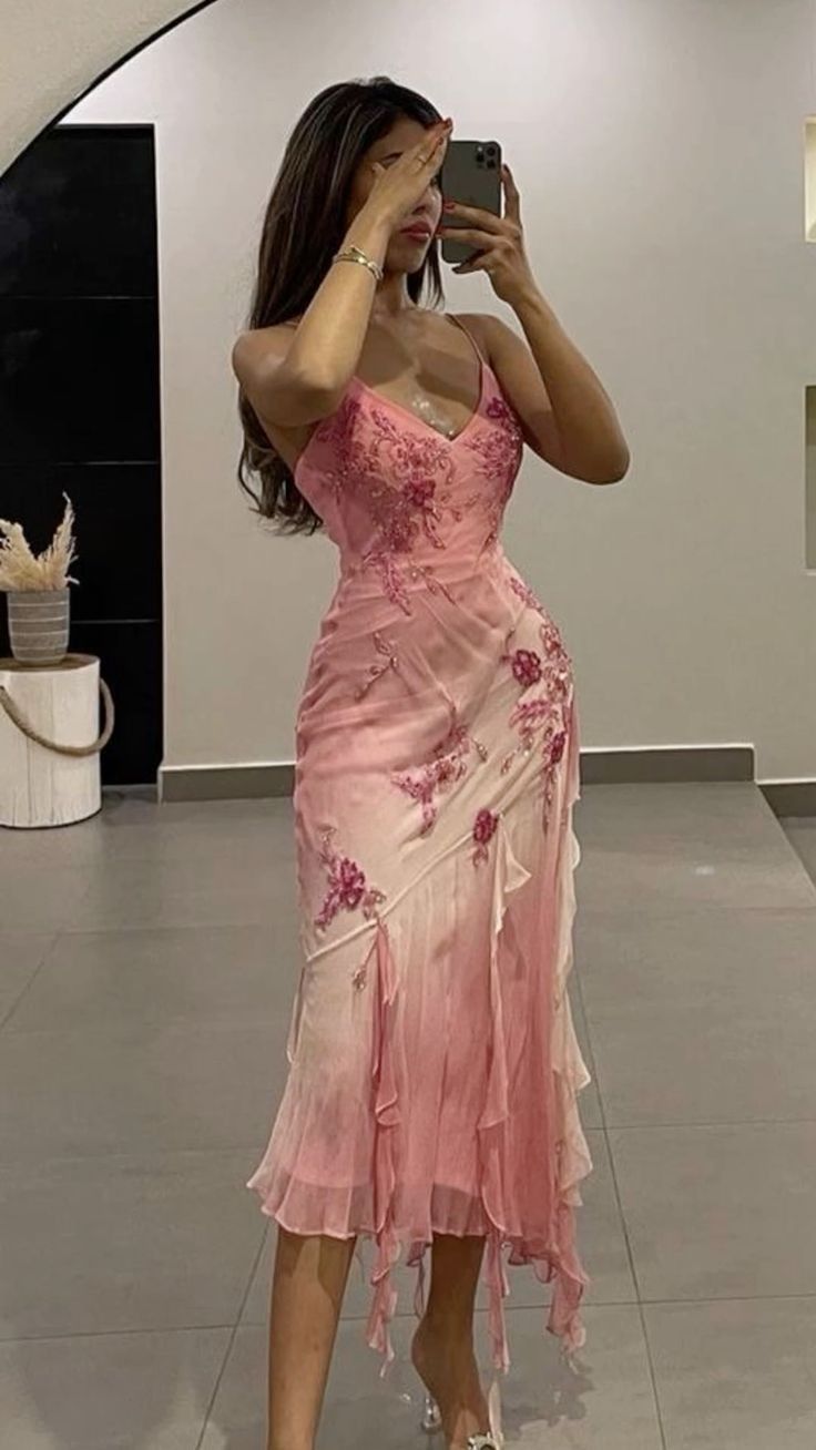 Pink Retro Print Spaghetti Strap V Neck Irregular Skirt Ball Gown Evening Dress HZ1024