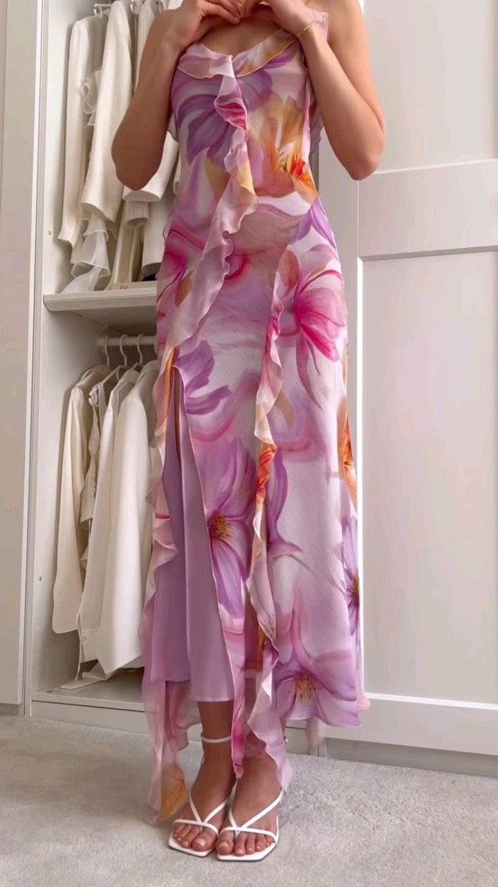Elegant Purple Printed Spaghetti Strap Chiffon Slit Ball Gown Evening Dress HZ1024