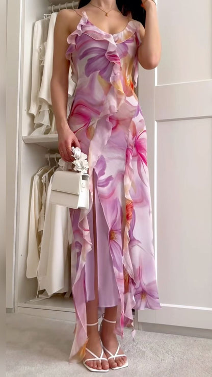 Elegant Purple Printed Spaghetti Strap Chiffon Slit Ball Gown Evening Dress HZ1024