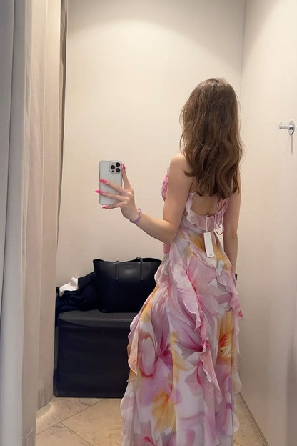 Elegant Purple Printed Spaghetti Strap Chiffon Slit Ball Gown Evening Dress HZ1024